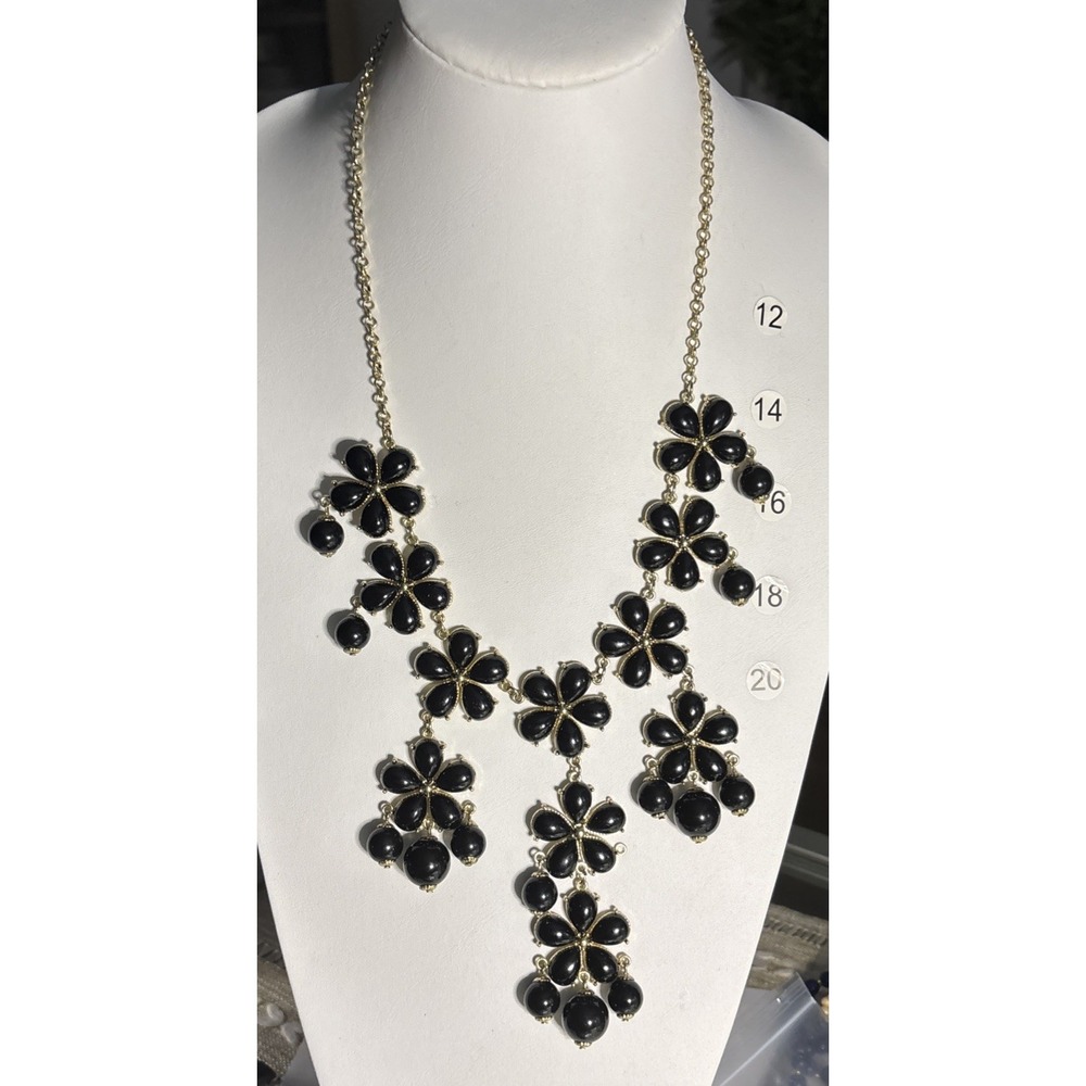 Black Floral Bib Statement Necklace Gold Tone Teardrop Beads Boho Glam